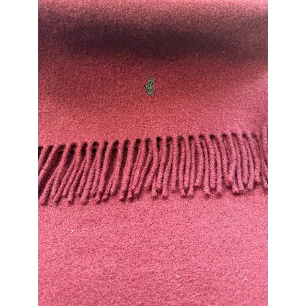 Polo Ralph Lauren Lambswool Scarf Burgundy Scotland Pony Logo Fringe 60x11.5